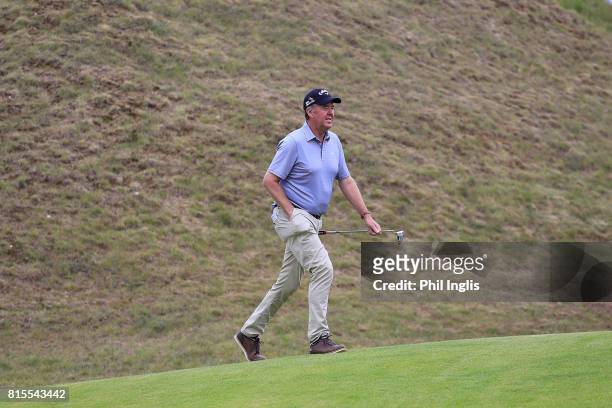 Greg Turner of New Zealand in action during the final round of the WINSTONgolf Senior Open played on the WINSTONLinks course on July 16, 2017 in...