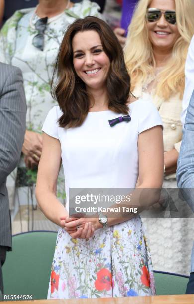 Catherine, Duchess of Cambridge attends the Mens Singles Final during day thirteen of the Wimbledon Tennis Championships at the All England Lawn...