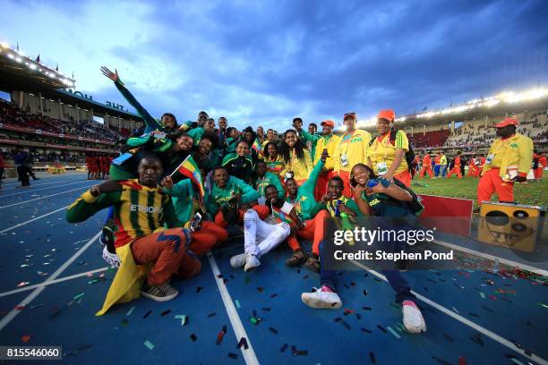 Members of the Ethiopia team take part in the closing ceremony during day five of the IAAF U18 World Championships on July 16, 2017 in Nairobi, Kenya.