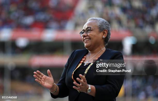 Margaret Kenyatta, First Lady of Kenya stands to present medals during day five of the IAAF U18 World Championships on July 16, 2017 in Nairobi,...