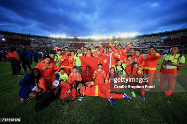 Members of the China team take part in the closing ceremony during day five of the IAAF U18 World Championships on July 16, 2017 in Nairobi, Kenya.