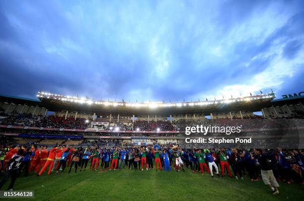 Athletes and volunteers join performers to dance during the closing ceremony on day five of the IAAF U18 World Championships on July 16, 2017 in...
