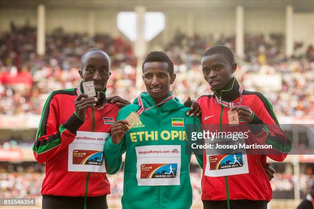 Edward Zakayo of Kenya, Selemon Berega of Ethiopia and Stanley Mburu Waithaka of Kenya pose in the boys 3000m medal ceremony during day 5 of the IAAF...