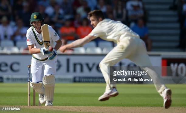 Mark Wood of England fails to stop the ball hit by Chris Morris of South Africa during the third day of the 2nd Investec Test match between England...
