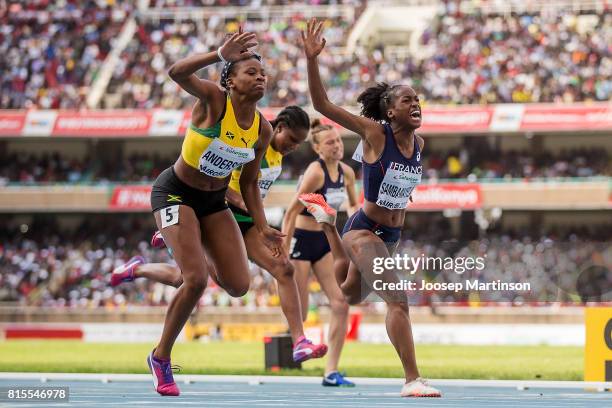 Brittany Anderson of Jamaica finishes first in the girls 100m hurdles during day 5 of the IAAF U18 World Championships at Moi International Sports...