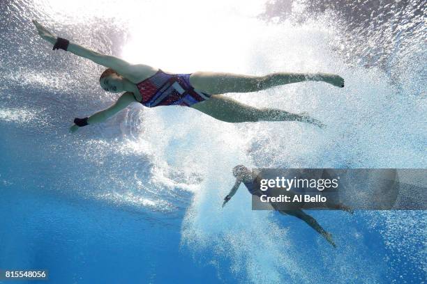 Tonia Couch and Lois Toulson of Great Britain competes during the Women's Diving 10M Synchro Platform final on day three of the Budapest 2017 FINA...