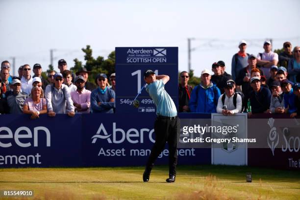 Callum Shinkwin of England tees off on the 14th hole during the final round of the AAM Scottish Open at Dundonald Links Golf Course on July 16, 2017...