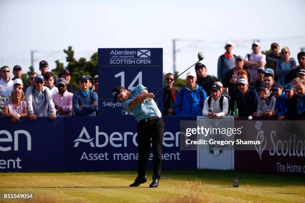 Callum Shinkwin of England tees off on the 14th hole during the final round of the AAM Scottish Open at Dundonald Links Golf Course on July 16, 2017...