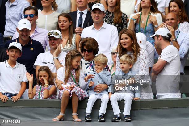 Roger Federer's wife Mirka and family celebrate his victory after the Gentlemen's Singles final against Marin Cilic of Croatia on day thirteen of the...