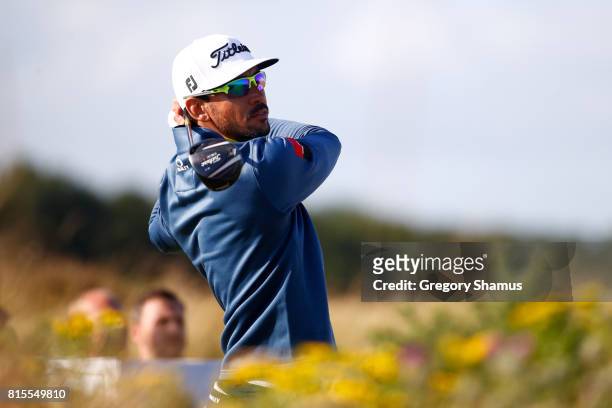 Rafa Cabrera-Bello of Spain tees off on the 17th hole during the final round of the AAM Scottish Open at Dundonald Links Golf Course on July 16, 2017...