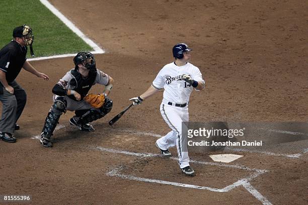 Russell Branyan of the Milwaukee Brewers swings at a pitch against the Arizona Diamondbacks on June 4, 2008 at Miller Park in Milwaukee, Wisconsin.