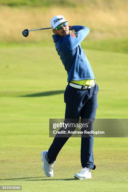 Rafa Cabrera-Bello of Spain hits his second shot on the 18th hole during the final round of the AAM Scottish Open at Dundonald Links Golf Course on...