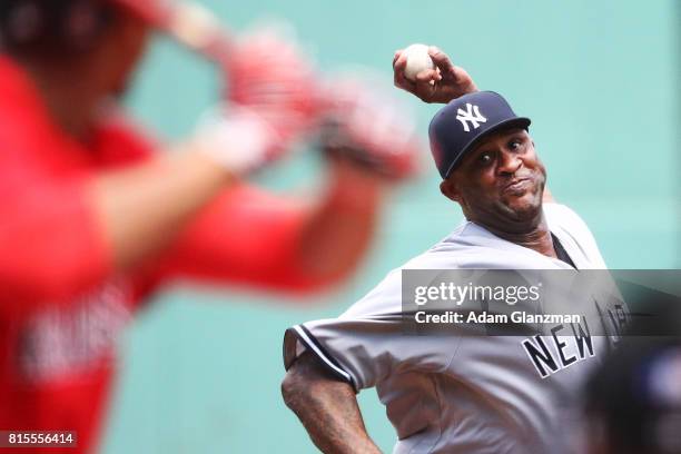 Sabathia of the New York Yankees delivers in the first inning of a game against the Boston Red Sox at Fenway Park on July 16, 2017 in Boston,...