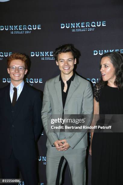 Tom Glynn-Carney, Harry Styles and Emma Thomas attend "Dunkirk" Premiere at Ocine on July 16, 2017 in Dunkerque, France.