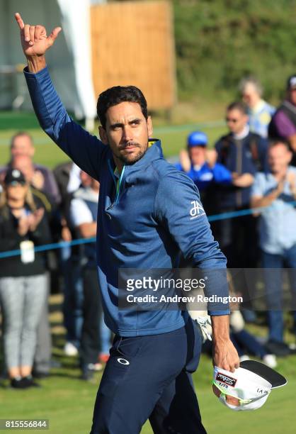 Rafa Cabrera-Bello of Spain acknowledges the crowd on the 18th green during the final round of the AAM Scottish Open at Dundonald Links Golf Course...