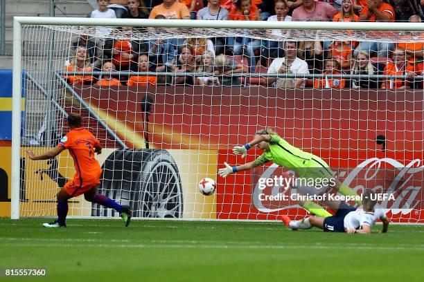 Shanice van de Sanden of the Netherlands ( scores the first goal against Ingrid Hjelmseth of Norway during the UEFA Women's Euro 2017 Group A match...