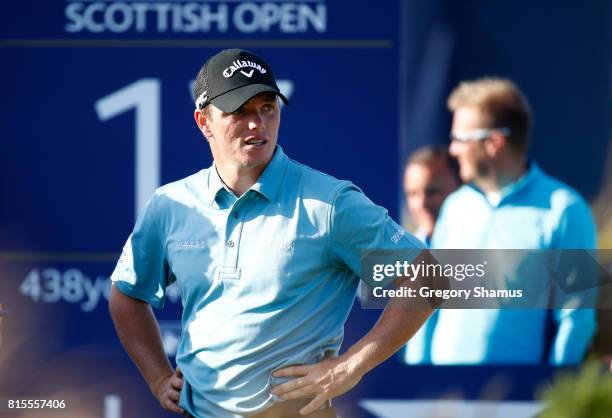 Callum Shinkwin of England waits on the 17th hole during the final round of the AAM Scottish Open at Dundonald Links Golf Course on July 16, 2017 in...