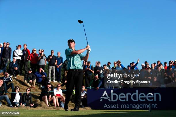 Callum Shinkwin of England tees off on the 18th hole during the final round of the AAM Scottish Open at Dundonald Links Golf Course on July 16, 2017...