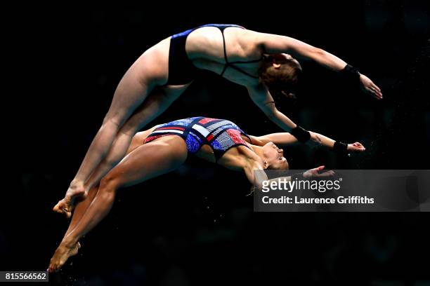 Tonia Couch and Lois Toulson of Great Britain compete during the Women's Diving 10M Synchro Platform final on day three of the Budapest 2017 FINA...