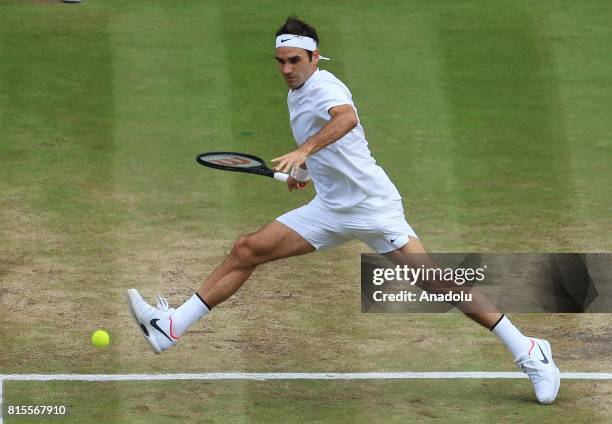 Roger Federer of Switzerland in action against Marin Cilic of Croatia during the men's final of the 2017 Wimbledon Championships at the All England...