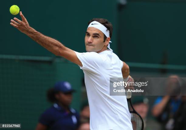 Roger Federer of Switzerland in action against Marin Cilic of Croatia during the men's final of the 2017 Wimbledon Championships at the All England...