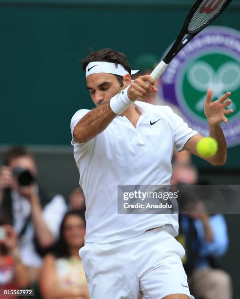 Roger Federer of Switzerland in action against Marin Cilic of Croatia during the men's final of the 2017 Wimbledon Championships at the All England...