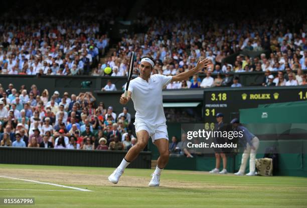 Roger Federer of Switzerland in action against Marin Cilic of Croatia during the men's final of the 2017 Wimbledon Championships at the All England...