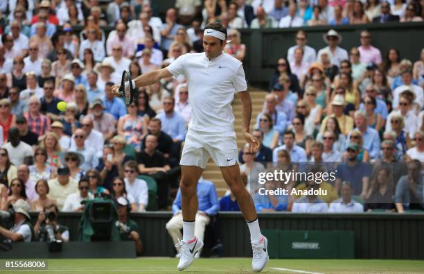 Roger Federer of Switzerland in action against Marin Cilic of Croatia during the men's final of the 2017 Wimbledon Championships at the All England...