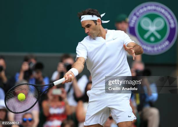 Roger Federer of Switzerland in action against Marin Cilic of Croatia during the men's final of the 2017 Wimbledon Championships at the All England...