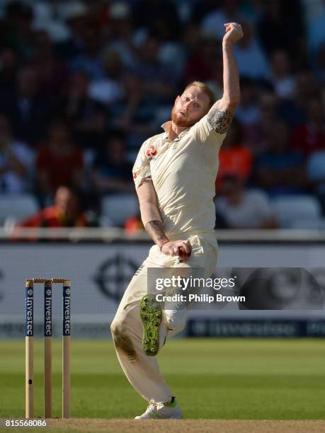 Ben Stokes of England bowls during the third day of the 2nd Investec Test match between England and South Africa at Trent Bridge cricket ground on...