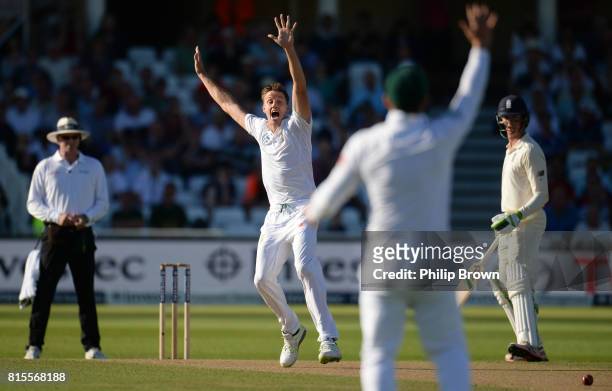 Morne Morkel of South Africa appeals for the wicket of Alastair Cook of England during the third day of the 2nd Investec Test match between England...