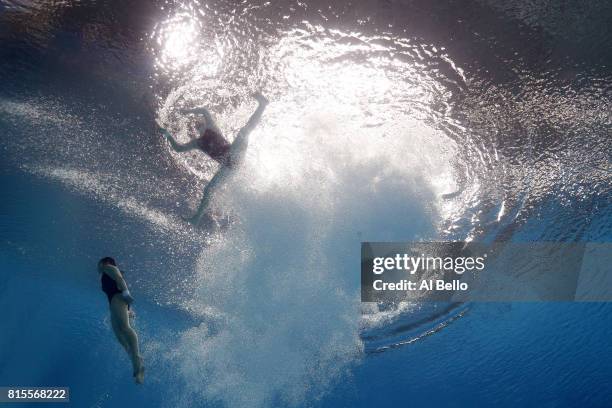 Qian Ren and Yajie Si of China compete during the Women's Diving 10M Synchro Platform final on day three of the Budapest 2017 FINA World...