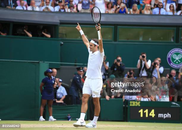 Roger Federer of Switzerland celebrates after beating Marin Cilic of Croatia in the men's final of the 2017 Wimbledon Championships at the All...