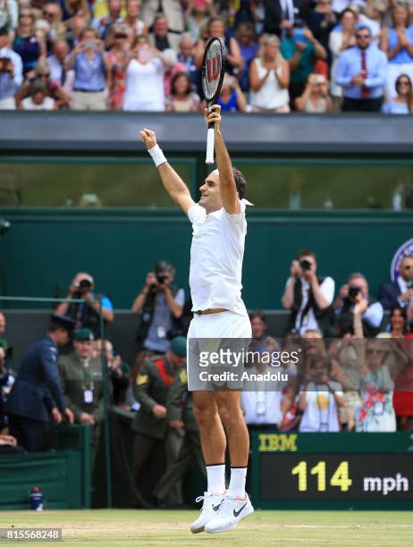Roger Federer of Switzerland celebrates after beating Marin Cilic of Croatia in the men's final of the 2017 Wimbledon Championships at the All...