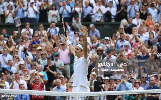 Roger Federer of Switzerland celebrates after beating Marin Cilic of Croatia in the men's final of the 2017 Wimbledon Championships at the All...