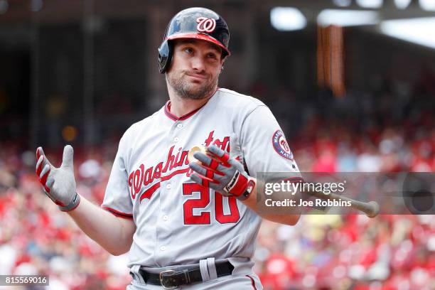 Daniel Murphy of the Washington Nationals reacts while waiting to bat in the first inning of a game against the Cincinnati Reds at Great American...