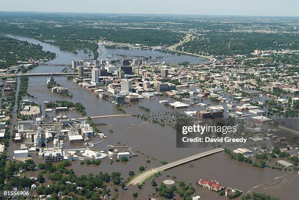 An aerial image of downtown shows flood-affected areas June 13, 2008 in Cedar Rapids, Iowa. Flooding along the Cedar River was expected to crest...