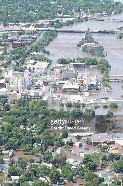 An aerial image of downtown shows flood-affected areas June 13, 2008 in Cedar Rapids, Iowa. Flooding along the Cedar River was expected to crest...