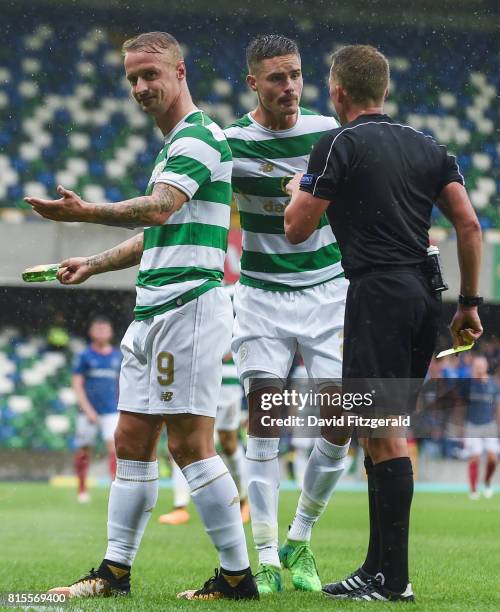Belfast , United Kingdom - 14 July 2017; Leigh Griffiths of Celtic is shown a yellow card after having missiles thrown at him during the UEFA...