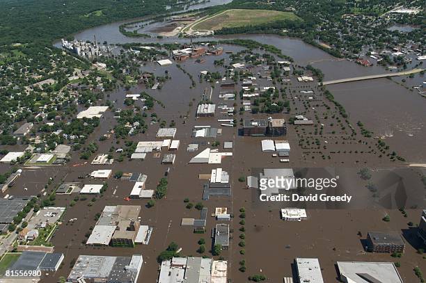 An aerial image shows flood-affected areas June 13, 2008 in Cedar Rapids, Iowa. Flooding along the Cedar River was expected to crest today.