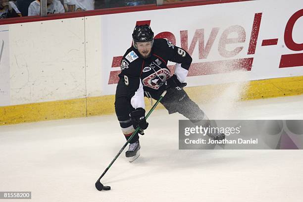 Conner James of the Wilkes-Barre/Scranton Penguins handles the puck against the Chicago Wolves during the Calder Cup Finals on June 10, 2008 at the...