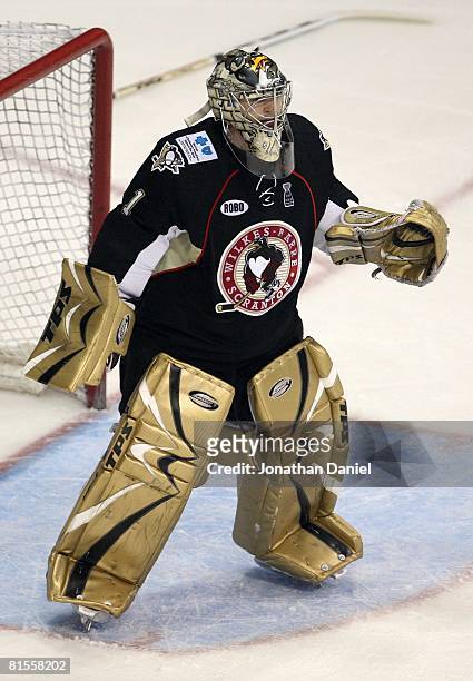 Goaltender John Curry of the Wilkes-Barre/Scranton Penguins looks on of the Chicago Wolves during the Calder Cup Finals on June 10, 2008 at the...