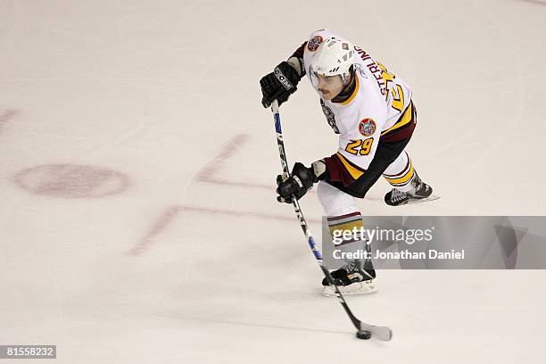 Brett Sterling of the Chicago Wolves controls the puck against the Wilkes-Barre/Scranton Penguins during the Calder Cup Finals on June 10, 2008 at...