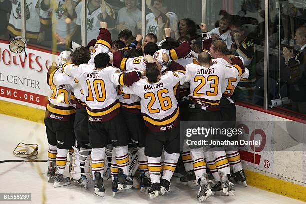 The Chicago Wolves celebrate over their win against the Wilkes-Barre/Scranton Penguins during the Calder Cup Finals on June 10, 2008 at the Allstate...