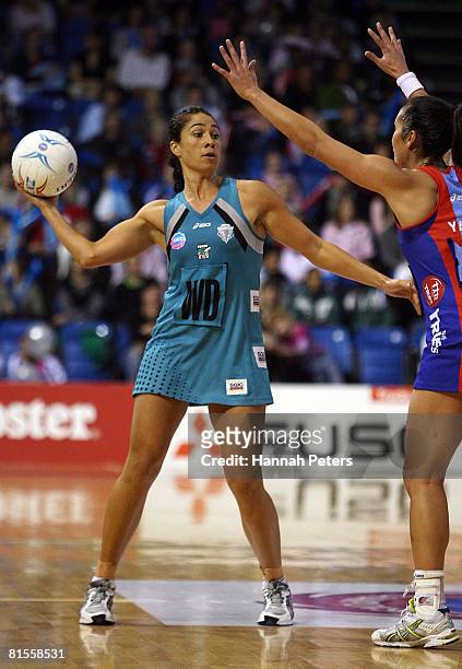 Mo'onia Gerrard of the Thunderbirds attacks during the round 11 ANZ Championship match between the Northern Mystics and the Adelaide Thunderbirds at...