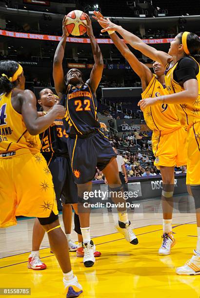 Barbara Turner of the Connecticut Sun goes up for a shot against the Los Angeles Sparks at Staples Center on June 13, 2008 in Los Angeles,...