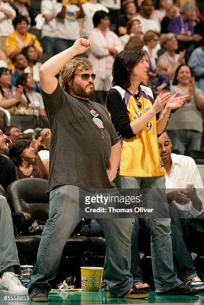 Actor Jack Black dances during a timeout of the game between the Connecticut Sun and the Los Angeles Sparks at Staples Center on June 13, 2008 in Los...