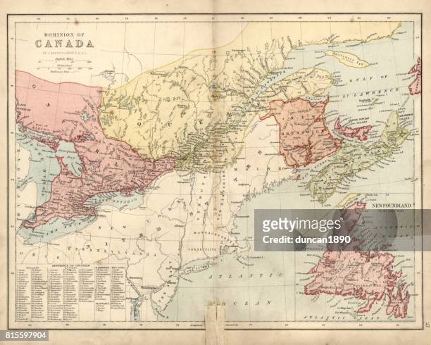 antike landkarte von dominion of canada beschädigt 19. jahrhundert - old quebec stock-grafiken, -clipart, -cartoons und -symbole