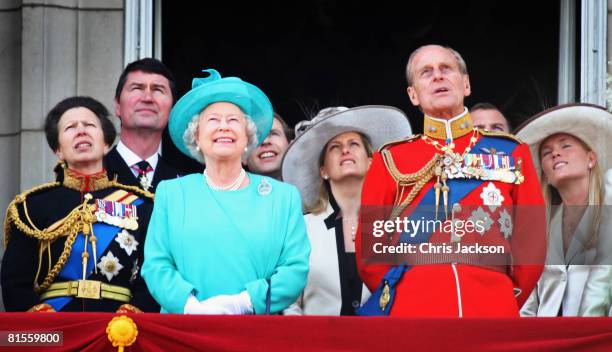 Princess Anne, Princess Royal, HRH Queen Elizabeth II, Sophie, Countess of Wessex, Prince Philip, Duke of Edinburgh and Autumn Kelly watch the fly...