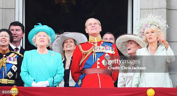 Princess Anne, Princess Royal, HRH Queen Elizabeth II, Sophie, Countess of Wessex, Prince Philip, Duke of Edinburgh and Autumn Kelly watch the fly...